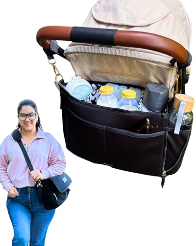 Sarah Wells Stroller Caddy Pump Bag Insulated Neoprene Diaper Organizer with Crossbody Strap Machine Washable Luggage Sleeve Fits Single Double Strollers Black - Image 1