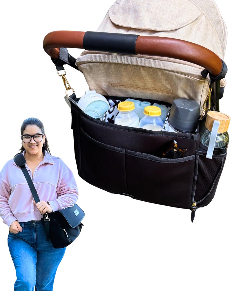 Sarah Wells Stroller Caddy Pump Bag Insulated Neoprene Diaper Organizer with Crossbody Strap Machine Washable Luggage Sleeve Fits Single Double Strollers Black - Image 2