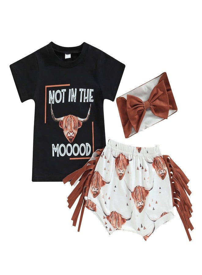 Fernvia Western Toddler Baby Girl Clothes Letter Short Sleeve T-Shirt Top + Tassel Shorts Outfits + Headband 3Pcs Set (Black, 12-18 Months) - Image 1