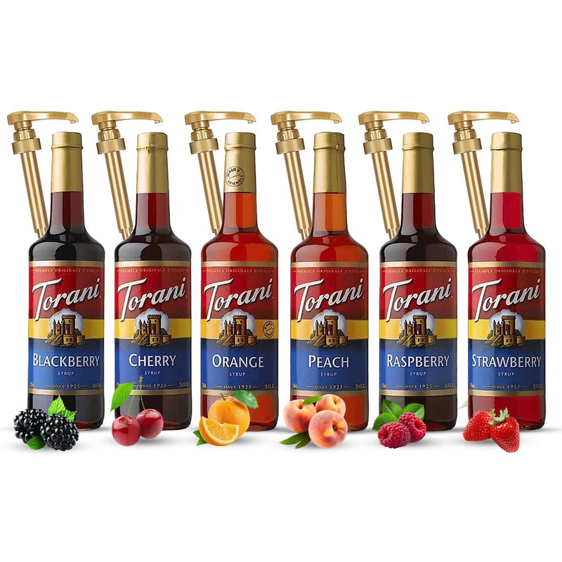 Torani Jimoco Syrup Pump & Torani Syrup Bundle - Fruit Bowl Syrup 6 Pack Summer Flavors, Raspberry, Strawberry, Blackberry, Cherry, Orange and Peach - For Italian Soda Coffee, Lattes, Frappes With 6 Pump Dispensers - Image 1