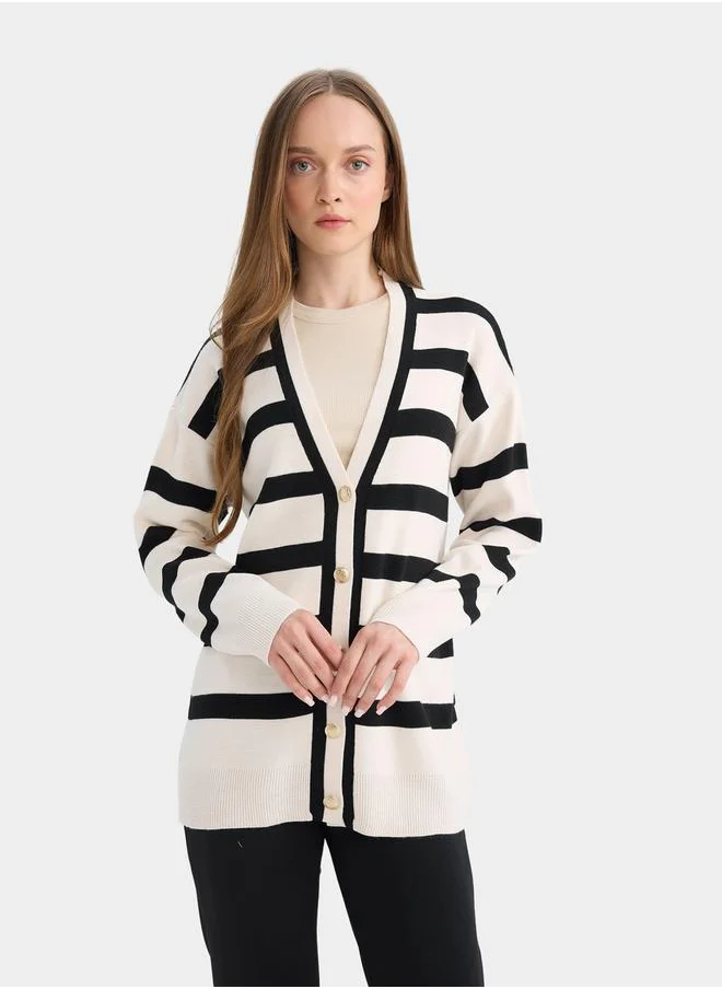 ديفاكتو Striped V Neck Longline Regular Fit Cardigan by Styli