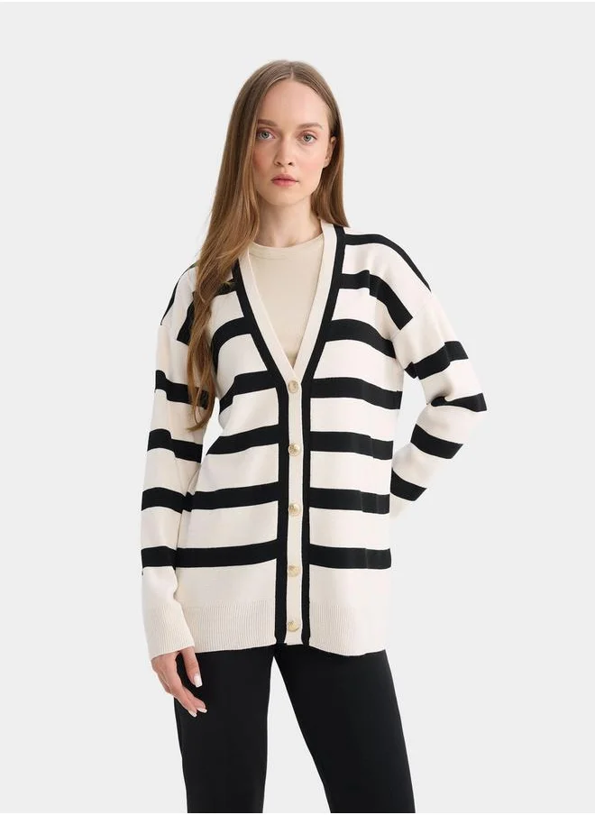 ديفاكتو Striped V Neck Longline Regular Fit Cardigan by Styli