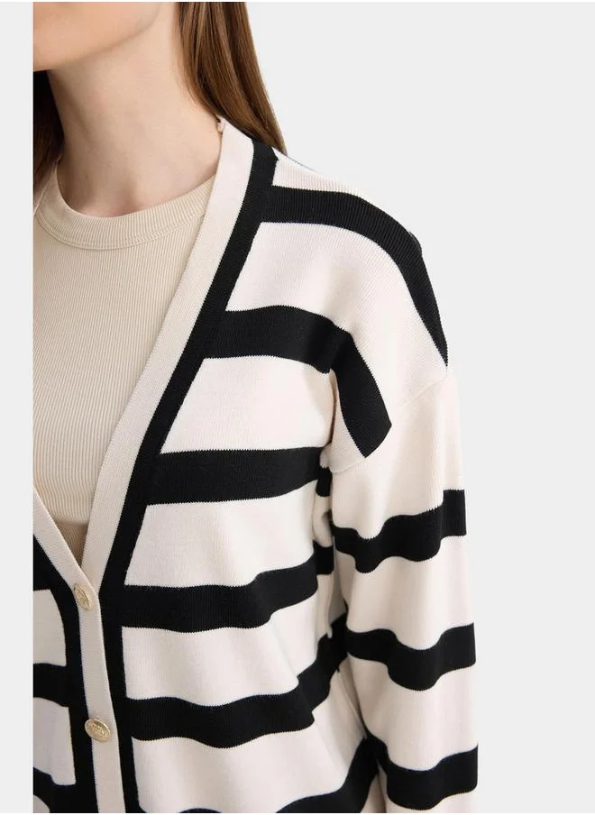 ديفاكتو Striped V Neck Longline Regular Fit Cardigan by Styli