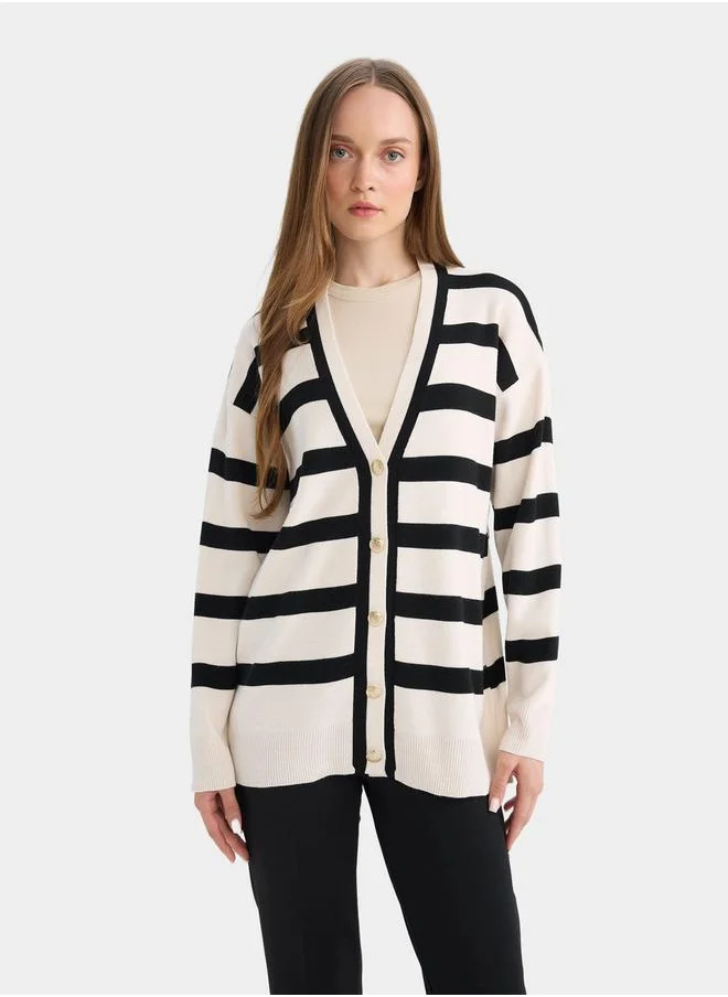 ديفاكتو Striped V Neck Longline Regular Fit Cardigan by Styli