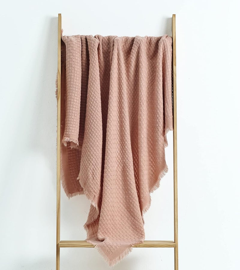 CREVENT Farmhouse Rust Knit Throw Blanket Textured Cover for Couch Sofa Chair Bed Home Decoration, Soft Warm Cozy Light Weight for Spring Summer Fall (127cmX152cm Coral Pink) - Image 2