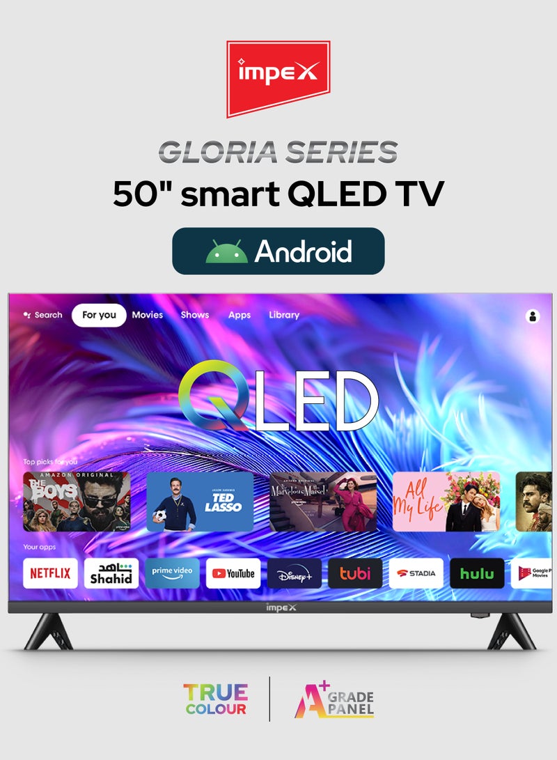 Impex 50-Inch QLED Smart TV Android, 4K FHD Frameless LED TV, Quad Core Processor, Screen Casting, 176° Viewing Angle, A+ Zero Bright Dot, 2 HDMI 2 USB, RJ45, Energy Saving, 2 Year Warranty - Gloria50Q Black - Image 1