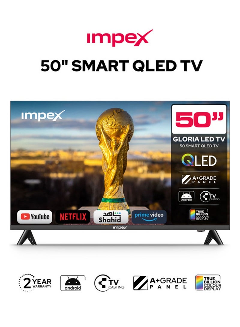إمبكس تلفاز QLED ذكي 50 بوصة (أندرويد 14، تصميم بدون إطار، معالج رباعي النواة، 8 جيجابايت تخزين، 1 جيجابايت رام، منافذ HDMI و USB فائقة النحافة، لوحة A+، توفير الطاقة، زاوية عرض واسعة) - Image 1