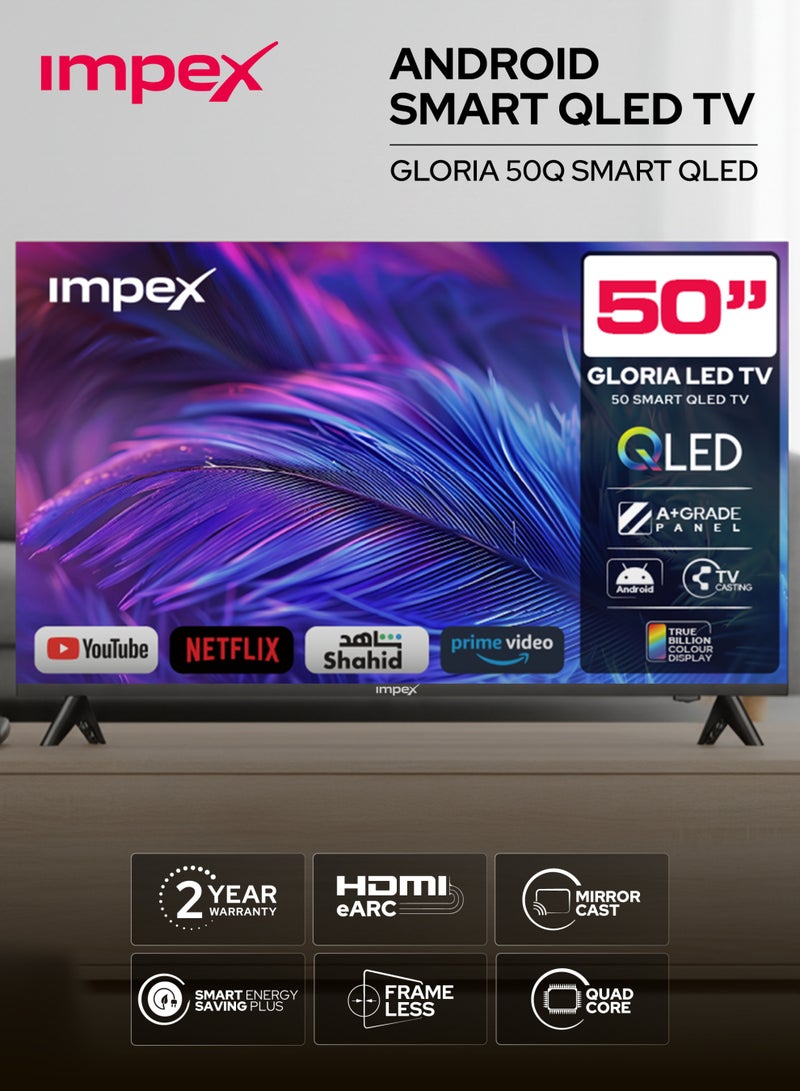 Impex 50 Inch Full HD QLED Smart TV – (1920x1080) Screen Resolution, Quad-Core, Frameless Television, TV Casting, 3 HDMI, 2 USB, RJ45, 176° Viewing Angle, Smart Energy Saving, A+ Zero Bright Dot, Television With 2 Year Warranty - Gloria50Q Black Gloria50Q Black - Image 1