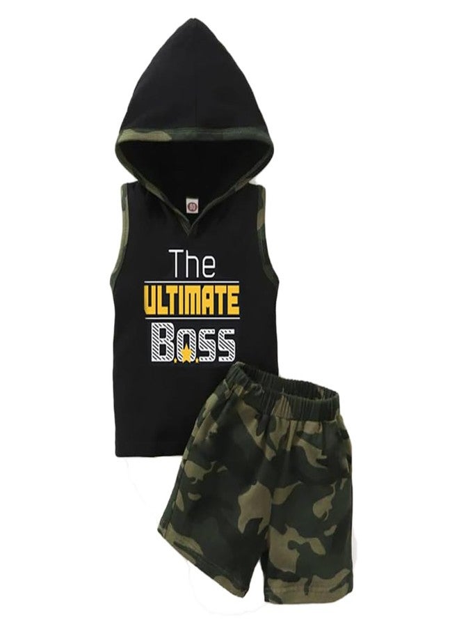 Bold N Elegant Kids Sleeveless Baby Boss Text Print Hoodie T-shirt & Camouflage Shorts Set for Baby Boys & Girls (6-12 Months, Black - Camo - Boss) - Image 1