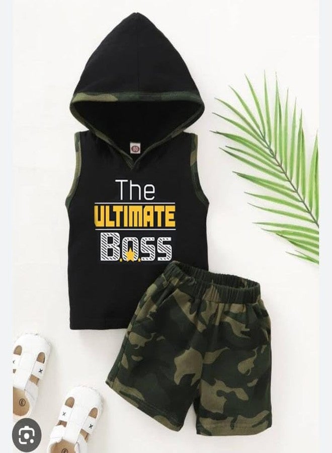Bold N Elegant Kids Sleeveless Baby Boss Text Print Hoodie T-shirt & Camouflage Shorts Set for Baby Boys & Girls (6-12 Months, Black - Camo - Boss) - Image 3