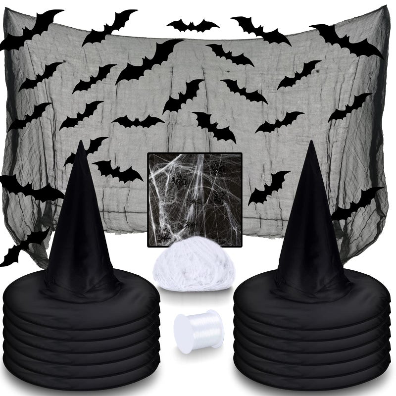 LINAYE Witch Hat XXL Kit Halloween Decorations Including 12 PCS Black Witch Hats 16 PCS 3D Bats Spider Web Creepy Cloth Hanging Rope Costume Headwear - Image 2