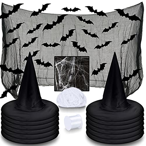 LINAYE Witch Hat XXL Kit Halloween Decorations Including 12 PCS Black Witch Hats 16 PCS 3D Bats Spider Web Creepy Cloth Hanging Rope Costume Headwear - Image 1