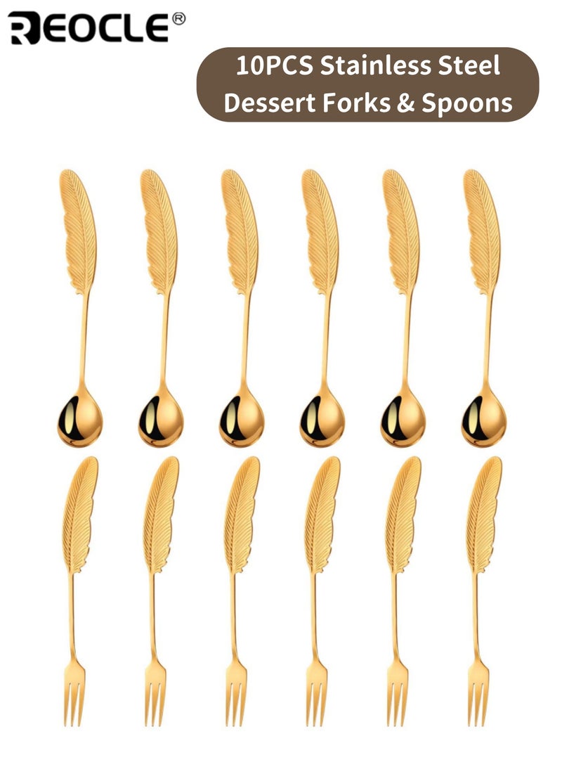 REOCLE 10PCS Stainless Steel Mini Demitasse Espresso Coffee Spoons and Forks Set with Durable Rust - Resistant Material & Smooth Polished Surface & Compact Size for Fruit Cake Cheese Desserts Stirring Daily Use Home Kitchen Cafe for Men Women - Image 1