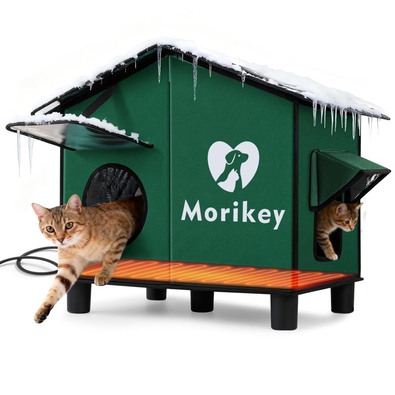 Morikey Heated Cat House for Outside, Insulated Outdoor Cat House with Heating Pad, Weatherproof Cat Shelter with Elevated Base & Safe Escape Door, Ideal for Stray and Feral Cats, 14.1"x16.5"x24.4" - Image 1