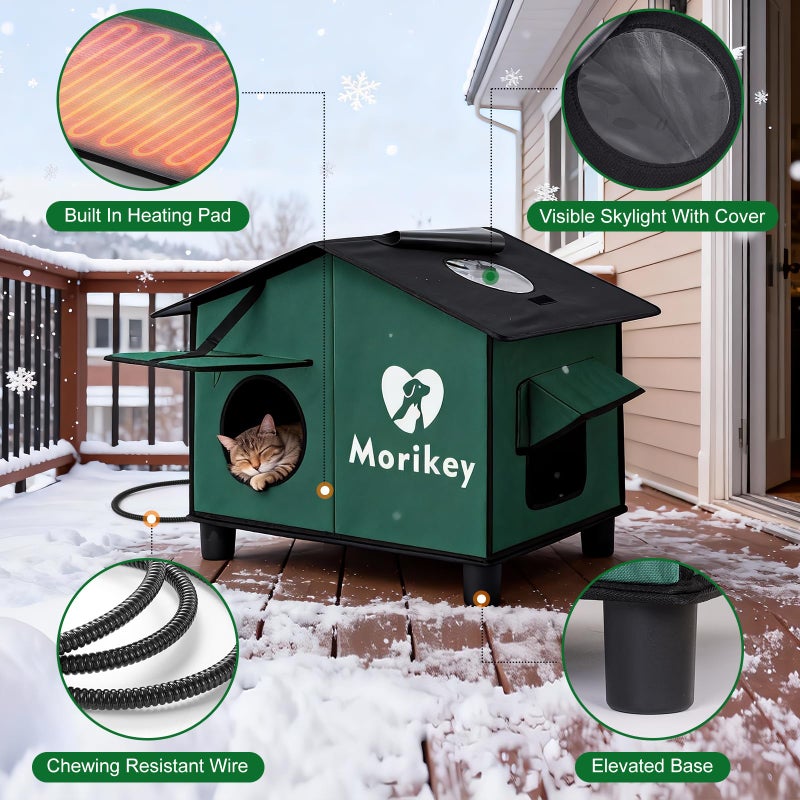 Morikey Heated Cat House for Outside, Insulated Outdoor Cat House with Heating Pad, Weatherproof Cat Shelter with Elevated Base & Safe Escape Door, Ideal for Stray and Feral Cats, 14.1"x16.5"x24.4" - Image 4