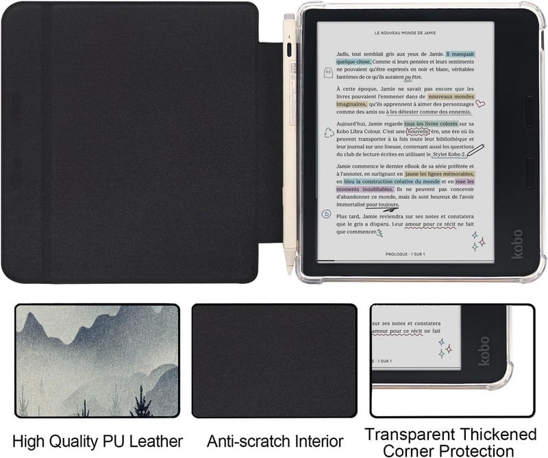 GOVTVA حقيبة جلدية من نوع Folio لقارئ Kobo Libra Colour مقاس 7 بوصة (2024) - غطاء فائق النحافة مع خاصية السكون/الاستيقاظ التلقائي المحسّنة، وظهر شفاف من TPU، وإغلاق مغناطيسي، وحامل للقلم (غابة ضبابية) - Image 2