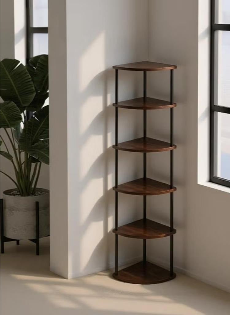 والالا رف زاوية طويل بستة طبقات - منظم تخزين قائم بذاته، رف كتب زاوية عصري وحامل عرض لغرفة المعيشة، غرفة النوم، المكتب المنزلي، المطبخ - تصميم سهل التركيب، بني، 30×30×152 سم - Image 1