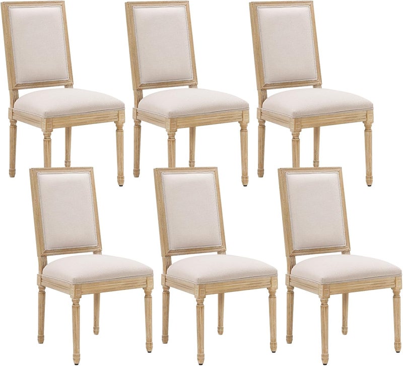 Furnimart Farmhouse Dining Chairs Set of 6 French Country Kitchen Chairs with Rectangular Back and Solid Wood Legs Upholstered Rectangular Side Chairs for Dining Room Living Room Kitchen - Image 1