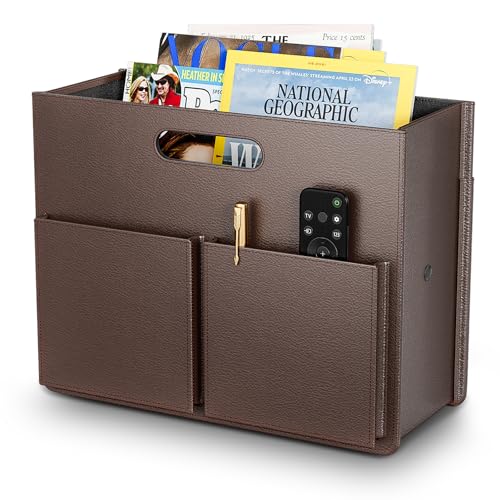 ABC life Magazine Holder Magazine Rack Floor, Stable Foldable PU Leather Newspaper Book Storage Basket Box, Upgraded Magazine File Folder Organizer Free Standing, for Living Room Home Office, Brown - Image 1