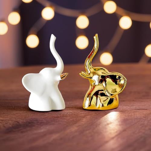 Corslet Home Decor Elephant Statue for Good Luck,Fengshui Ceramic Creative Small Modern Style Elephant Idol Figurines,Decorative Gift Items for Home,Office Desktop,Living Room (2pcs),White,Gold - Image 3