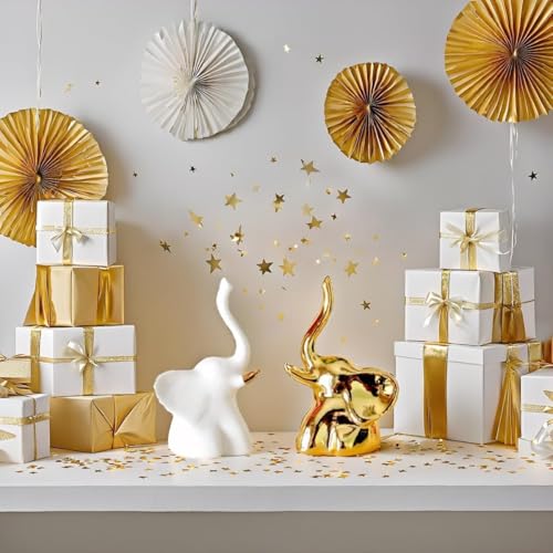 Corslet Home Decor Elephant Statue for Good Luck,Fengshui Ceramic Creative Small Modern Style Elephant Idol Figurines,Decorative Gift Items for Home,Office Desktop,Living Room (2pcs),White,Gold - Image 4