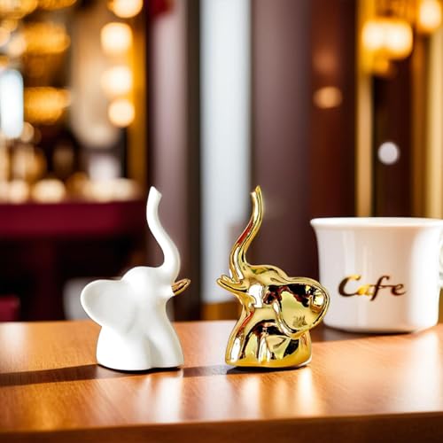 Corslet Home Decor Elephant Statue for Good Luck,Fengshui Ceramic Creative Small Modern Style Elephant Idol Figurines,Decorative Gift Items for Home,Office Desktop,Living Room (2pcs),White,Gold - Image 1