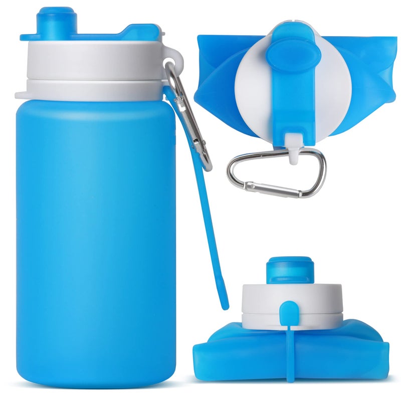 MCOMCE Collapsible Water Bottle Portable Folding Bottle  Water Bottle with Clip for Backpack Foldable Water Bottle BPA Free Sport Bottle Water Squeeze Collapble Watterbottles Blue