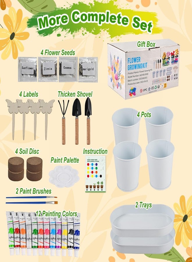 Faburo 4 Pcs Kids Plant Growing Kit | Kids Gardening Set Crafts for Girls 8-12 | Kid Crafts Ages 4-8, Flower Making Art Kit for Kid 6-9, Plant Growing Set with 4 Zinc Pots, 12 Colors 9ml Paints Girl Gift - Image 2