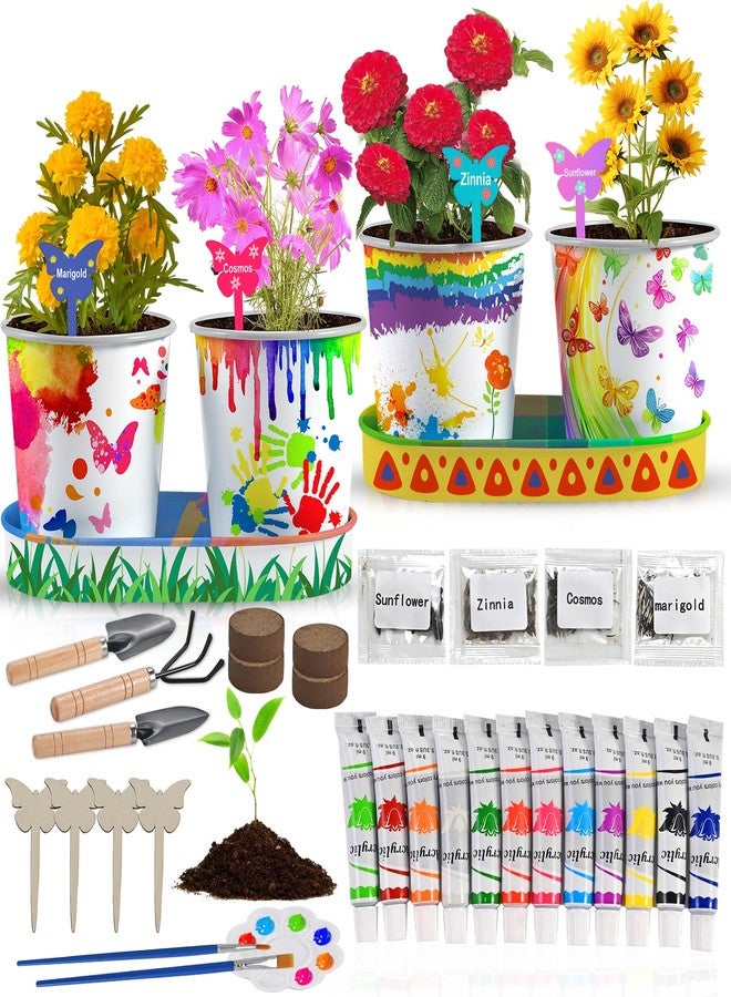 Faburo 4 Pcs Kids Plant Growing Kit | Kids Gardening Set Crafts for Girls 8-12 | Kid Crafts Ages 4-8, Flower Making Art Kit for Kid 6-9, Plant Growing Set with 4 Zinc Pots, 12 Colors 9ml Paints Girl Gift - Image 1