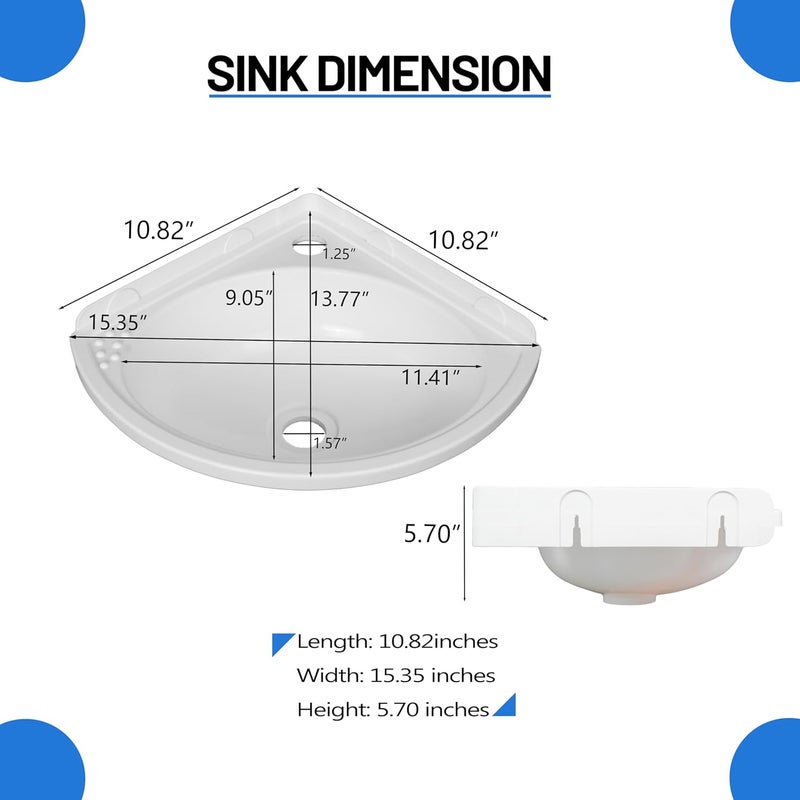 shawoo Small Bathroom Sink Wall Mount Bathroom Corner Sink, Triangular wash basin No-Drill Installation Self-Adhesive 12 x 12 Inch with 1.26 Inch Faucet Hole, Mini Rv sink Plastic Sink for Home, Dorm, Garage - Image 3