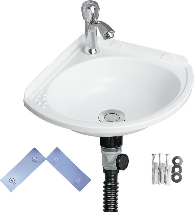 shawoo Small Bathroom Sink Wall Mount Bathroom Corner Sink, Triangular wash basin No-Drill Installation Self-Adhesive 12 x 12 Inch with 1.26 Inch Faucet Hole, Mini Rv sink Plastic Sink for Home, Dorm, Garage - Image 1
