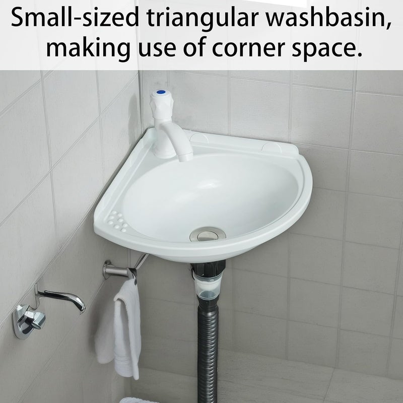 shawoo Small Bathroom Sink Wall Mount Bathroom Corner Sink, Triangular wash basin No-Drill Installation Self-Adhesive 12 x 12 Inch with 1.26 Inch Faucet Hole, Mini Rv sink Plastic Sink for Home, Dorm, Garage - Image 4