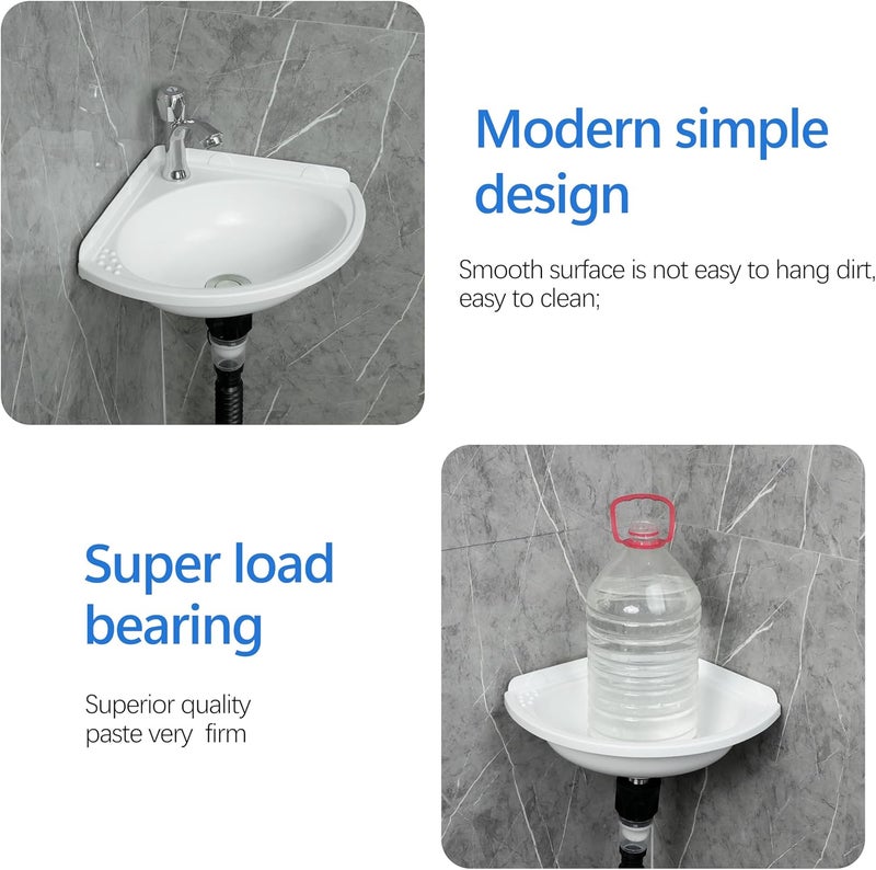 shawoo Small Bathroom Sink Wall Mount Bathroom Corner Sink, Triangular wash basin No-Drill Installation Self-Adhesive 12 x 12 Inch with 1.26 Inch Faucet Hole, Mini Rv sink Plastic Sink for Home, Dorm, Garage - Image 5