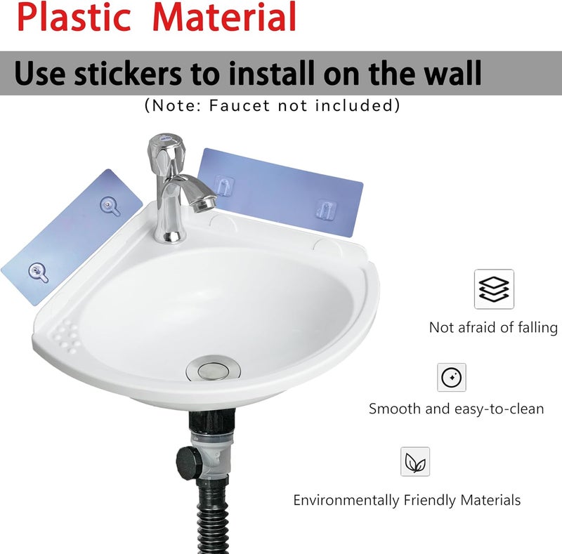 shawoo Small Bathroom Sink Wall Mount Bathroom Corner Sink, Triangular wash basin No-Drill Installation Self-Adhesive 12 x 12 Inch with 1.26 Inch Faucet Hole, Mini Rv sink Plastic Sink for Home, Dorm, Garage - Image 2