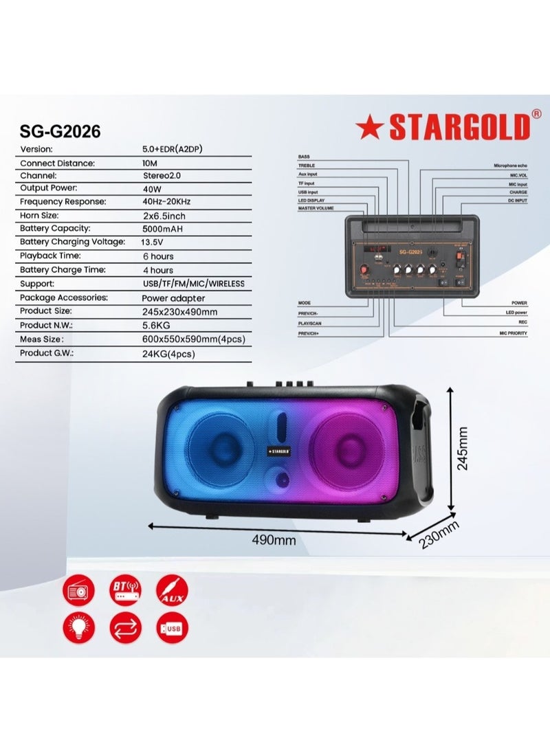 Stargold - SG-G2026 Stereo Speaker with LED Display Wireless Mic and Premium Sound Quality 40W Output with 5000mAh Battery - Image 1