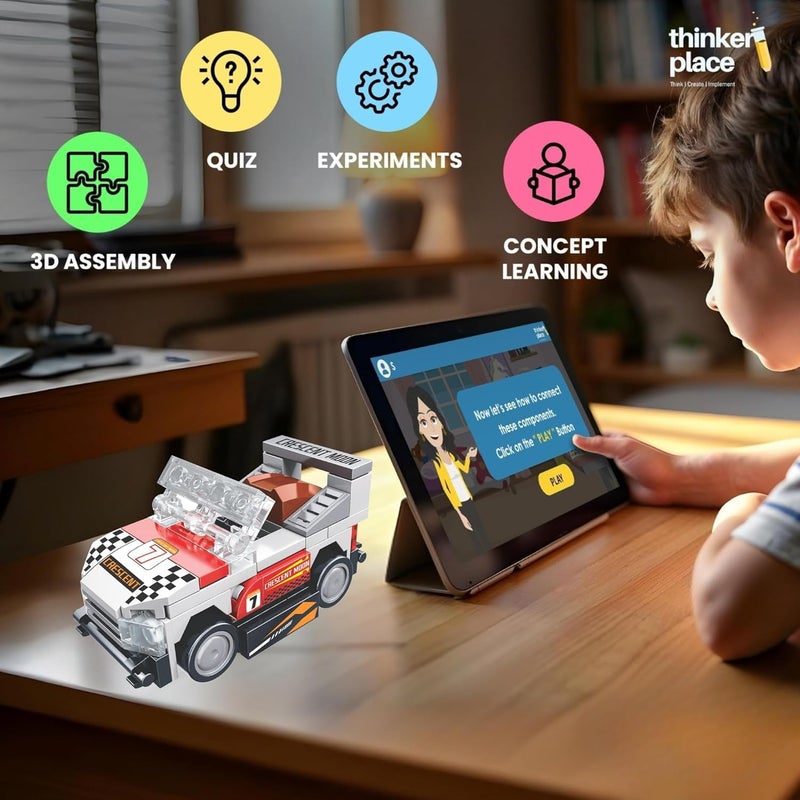 ThinkerPlace مجموعة سيارات سباق 8 في 1 من ثينكر بليس - هلال القمر (100 قطعة) | تعلم عن المركبات الكهربائية | مجموعة مكعبات بناء للأطفال من عمر 6 سنوات فما فوق | لعبة تعليمية STEM | بناء، جمع وابتكار سيارة سباق - Image 3