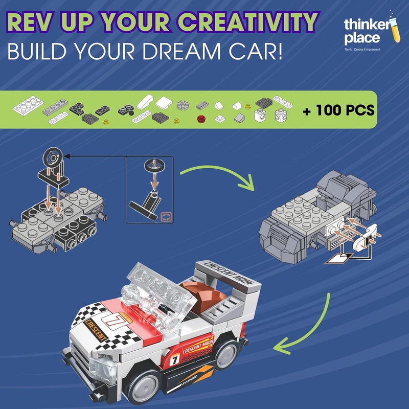 ThinkerPlace مجموعة سيارات سباق 8 في 1 من ثينكر بليس - هلال القمر (100 قطعة) | تعلم عن المركبات الكهربائية | مجموعة مكعبات بناء للأطفال من عمر 6 سنوات فما فوق | لعبة تعليمية STEM | بناء، جمع وابتكار سيارة سباق - Image 2