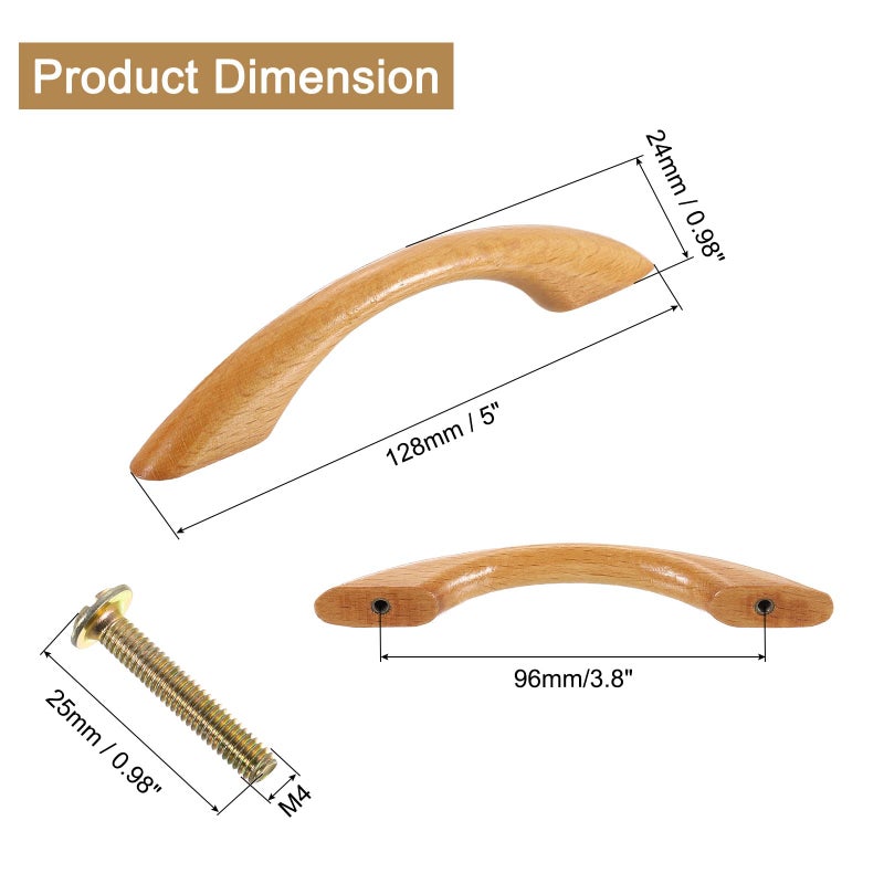 uxcell 5Pcs Wood Drawer Pulls Handles, 96 mm/3.8" Hole Spacing Bridge Shaped Beech Wood Cabinets Drawer Knobs Pull Handles for Kitchen Cabinets Dresser Furniture - Image 2
