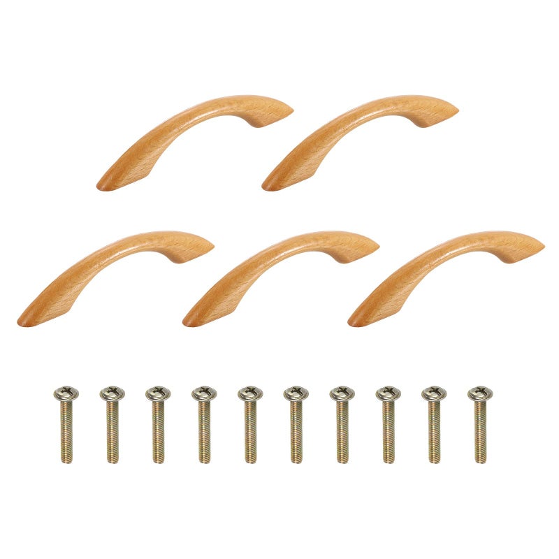 uxcell 5Pcs Wood Drawer Pulls Handles, 96 mm/3.8" Hole Spacing Bridge Shaped Beech Wood Cabinets Drawer Knobs Pull Handles for Kitchen Cabinets Dresser Furniture - Image 1