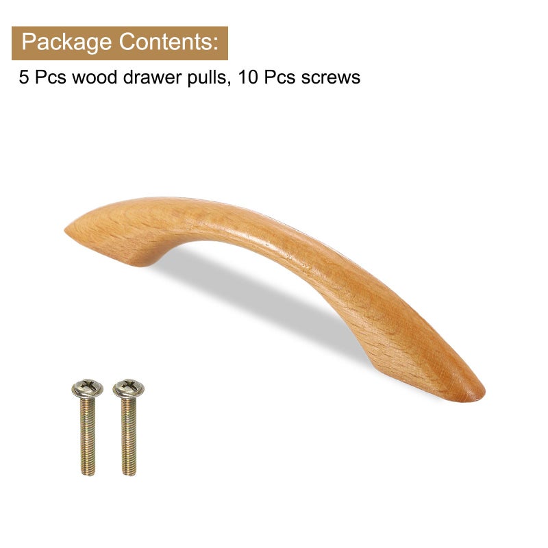 uxcell 5Pcs Wood Drawer Pulls Handles, 96 mm/3.8" Hole Spacing Bridge Shaped Beech Wood Cabinets Drawer Knobs Pull Handles for Kitchen Cabinets Dresser Furniture - Image 3