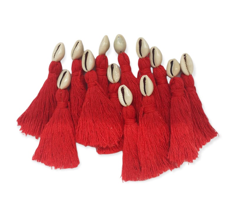 Zippy Flora mini Cotton Tassels with Cowrie Shells for Saree/Blouse/Dupatta/DIY/Decor, Pack of 10 (Red) - Image 1