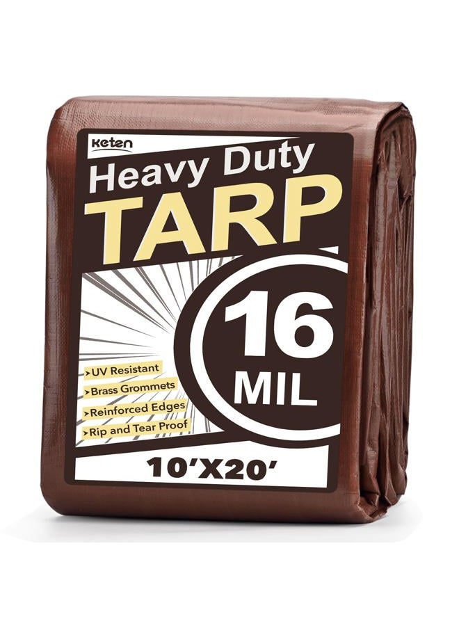 Keten Tarps Heavy Duty Waterproof 10X20 Feet, Extra Thick 16 Mil, Tear & Fade Resistant, 100% UV Blocking, Outdoor Tarp with Reinforced Grommets for Roof, Camping, Patio, Pool, Boat (Brown/Silver) - Image 1