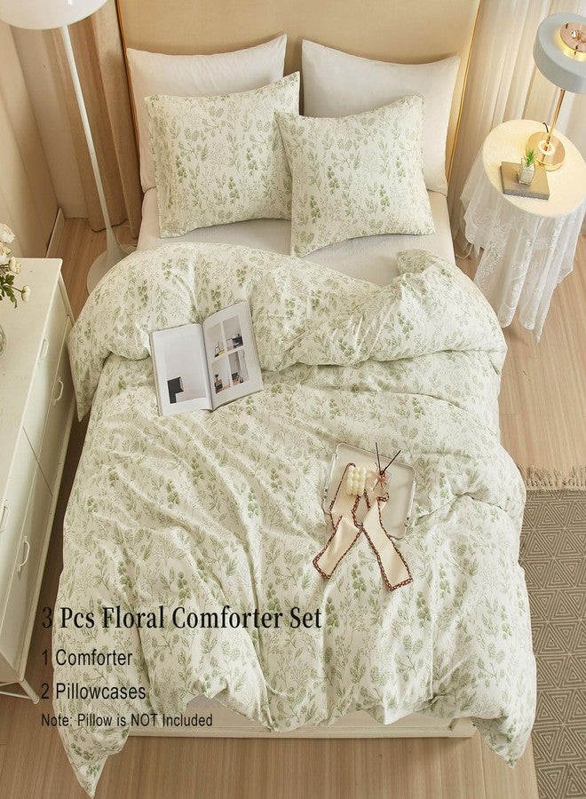 EAVD Fresh Green Floral Comforter Set Queen White Fluffy Soft Microfiber Chic Garden Floral Bedding Queen Bed Comforter and 2 Pillowcases Reversible Vintage Botanical Comforter Set for All-Season - Image 5