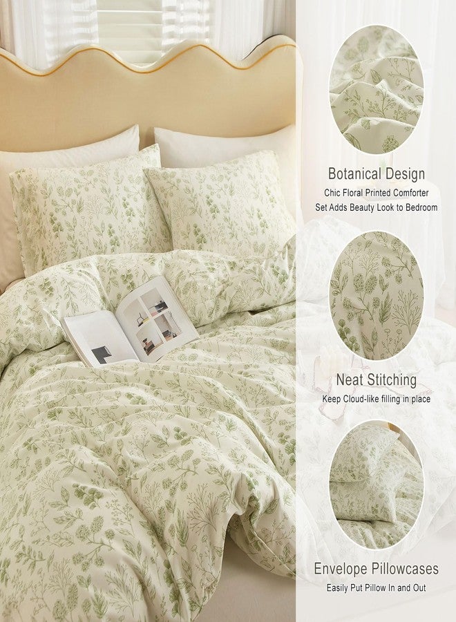 EAVD Fresh Green Floral Comforter Set Queen White Fluffy Soft Microfiber Chic Garden Floral Bedding Queen Bed Comforter and 2 Pillowcases Reversible Vintage Botanical Comforter Set for All-Season - Image 3