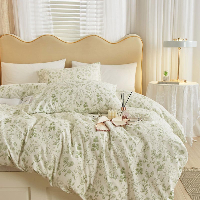 EAVD Fresh Green Floral Comforter Set Queen White Fluffy Soft Microfiber Chic Garden Floral Bedding Queen Bed Comforter and 2 Pillowcases Reversible Vintage Botanical Comforter Set for All-Season - Image 1