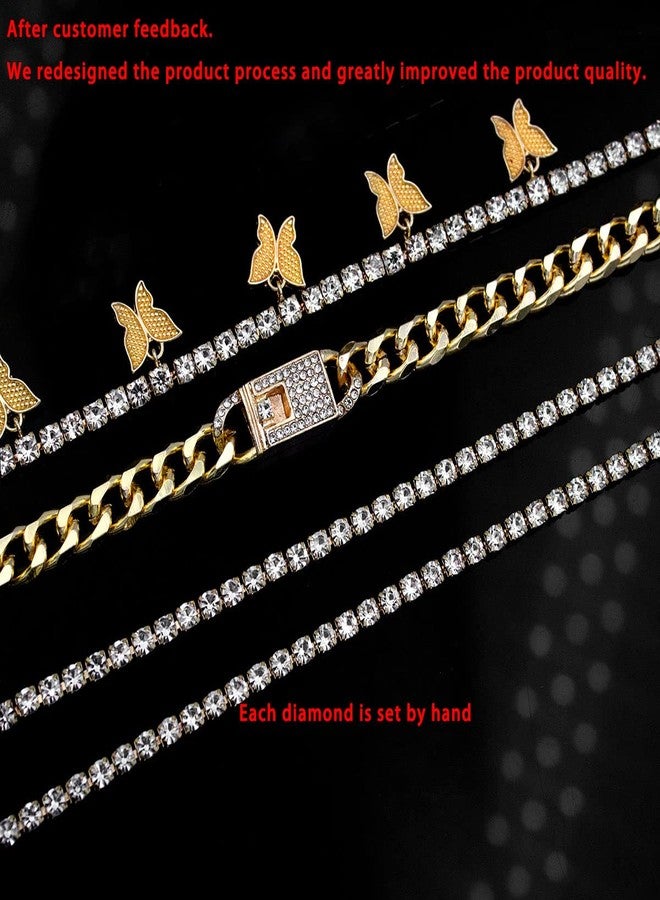 yfstyle 4PCS Cuban Link Ankle Bracelet Rhinestone Tennis Chain Butterfly Anklet Set for Women Summer Beach Adjustable Layered Rhinestone Anklets-gold cuban - Image 5