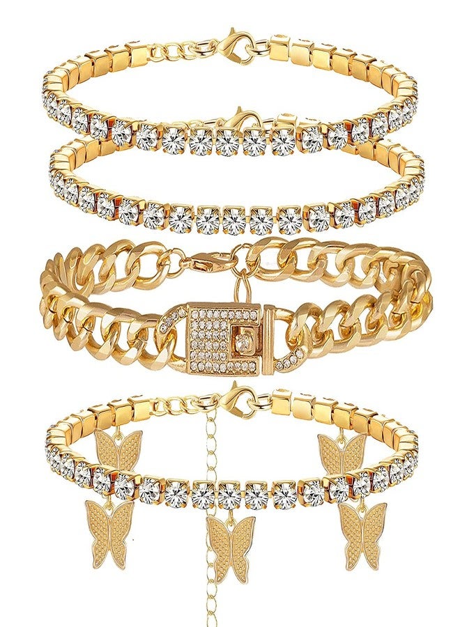 yfstyle 4PCS Cuban Link Ankle Bracelet Rhinestone Tennis Chain Butterfly Anklet Set for Women Summer Beach Adjustable Layered Rhinestone Anklets-gold cuban - Image 1