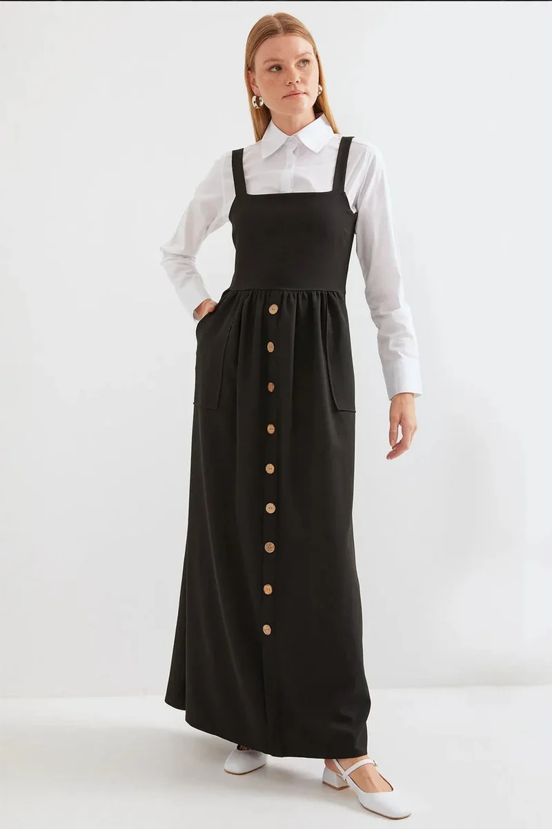 Big Dart Black BDART Square Collar A-Form Maxi Dress with Button Closure for Women | Best Price UAE