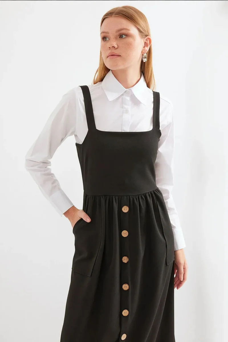 Big Dart Black BDART Square Collar A-Form Maxi Dress with Button Closure for Women | Best Price UAE