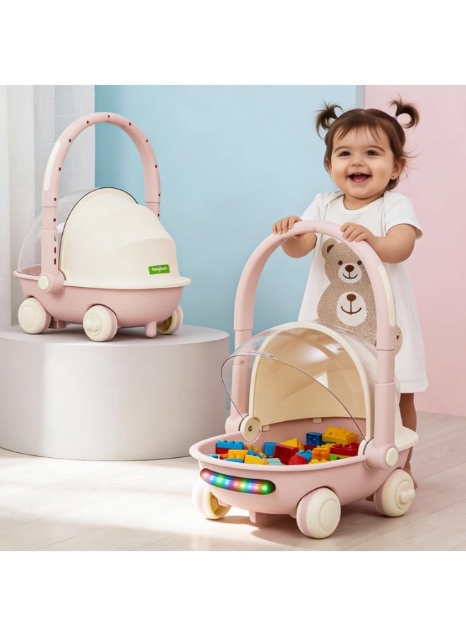 BAYBEE Kids Shopping Cart with Push Walker & Storage Basket | Light & Music Baby Walker for 6+ Months | Foldable Adjustable Handle, Lockable Wheels & Closing Lid | Toy Cart Walker for Toddlers & Babies Pink - Image 1
